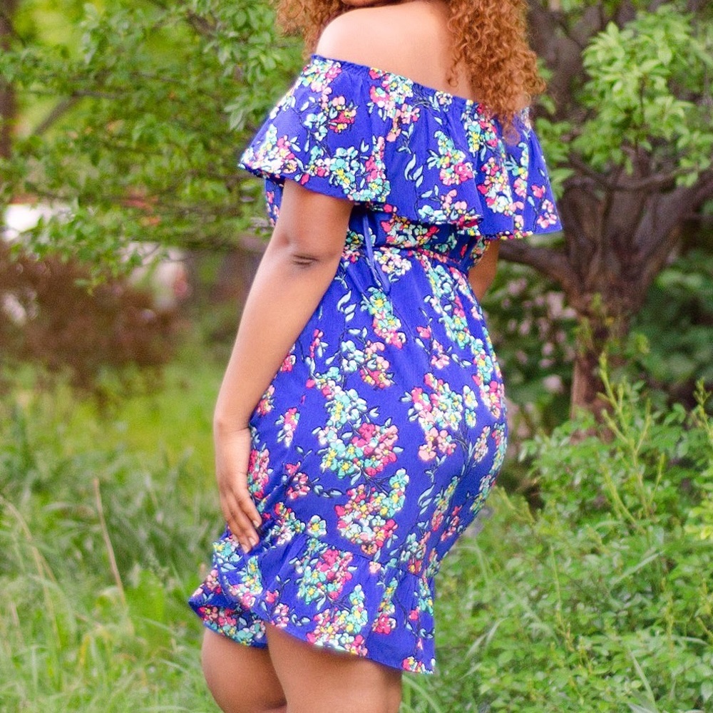 Blue Floral Strapless Midi Dress